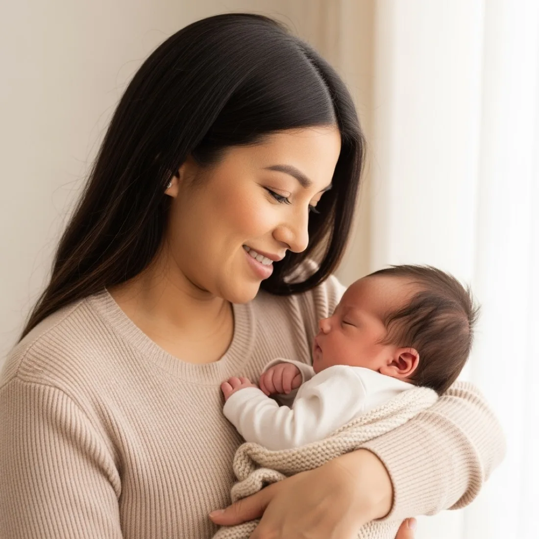 A mother in a knit sweater cradling her sleeping newborn in soft window light